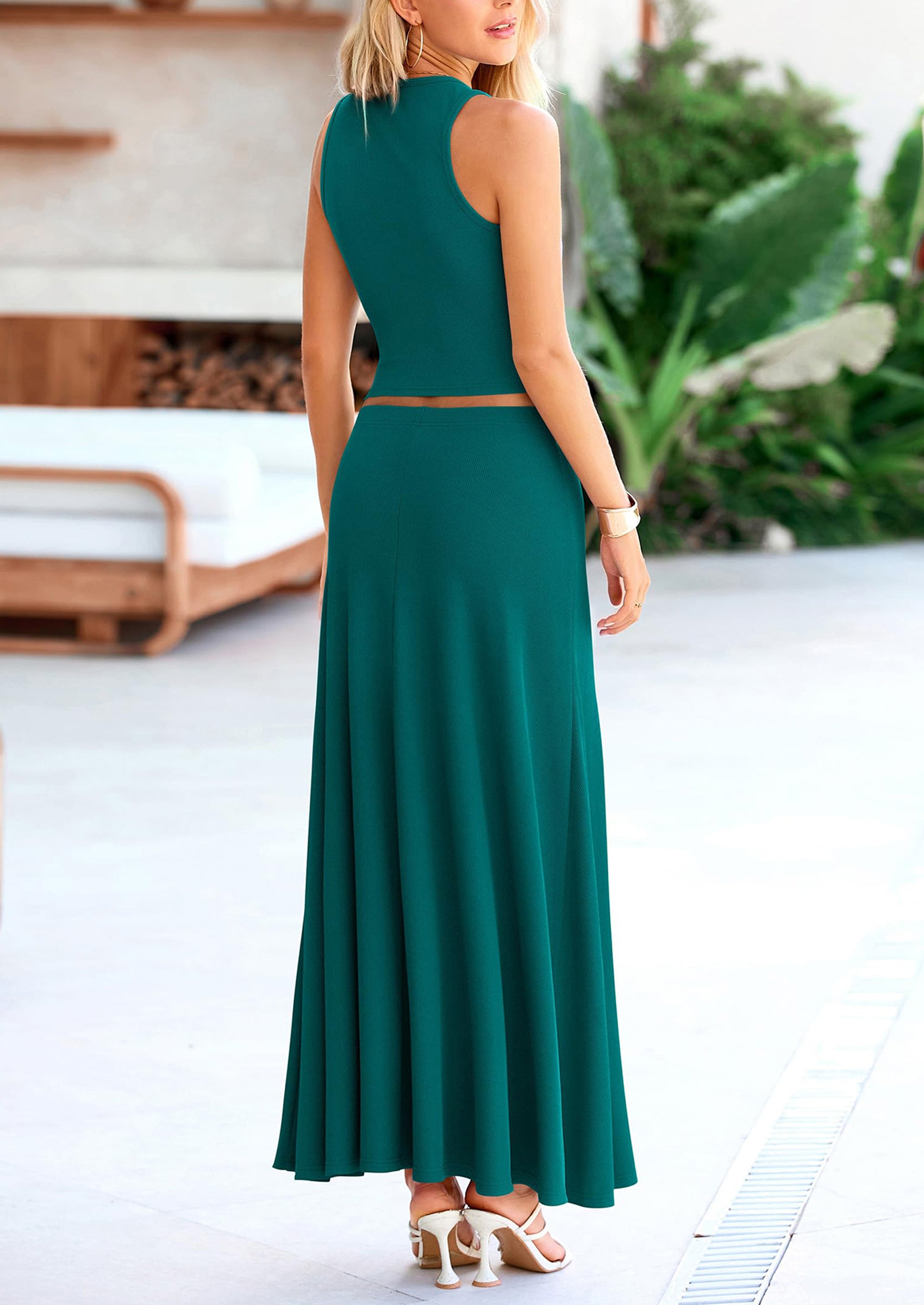 PRETTYGARDEN 2 Piece Maxi Skirt Sets Casual Knit Cropped Tank Top High Waisted Long Skirts Outfit