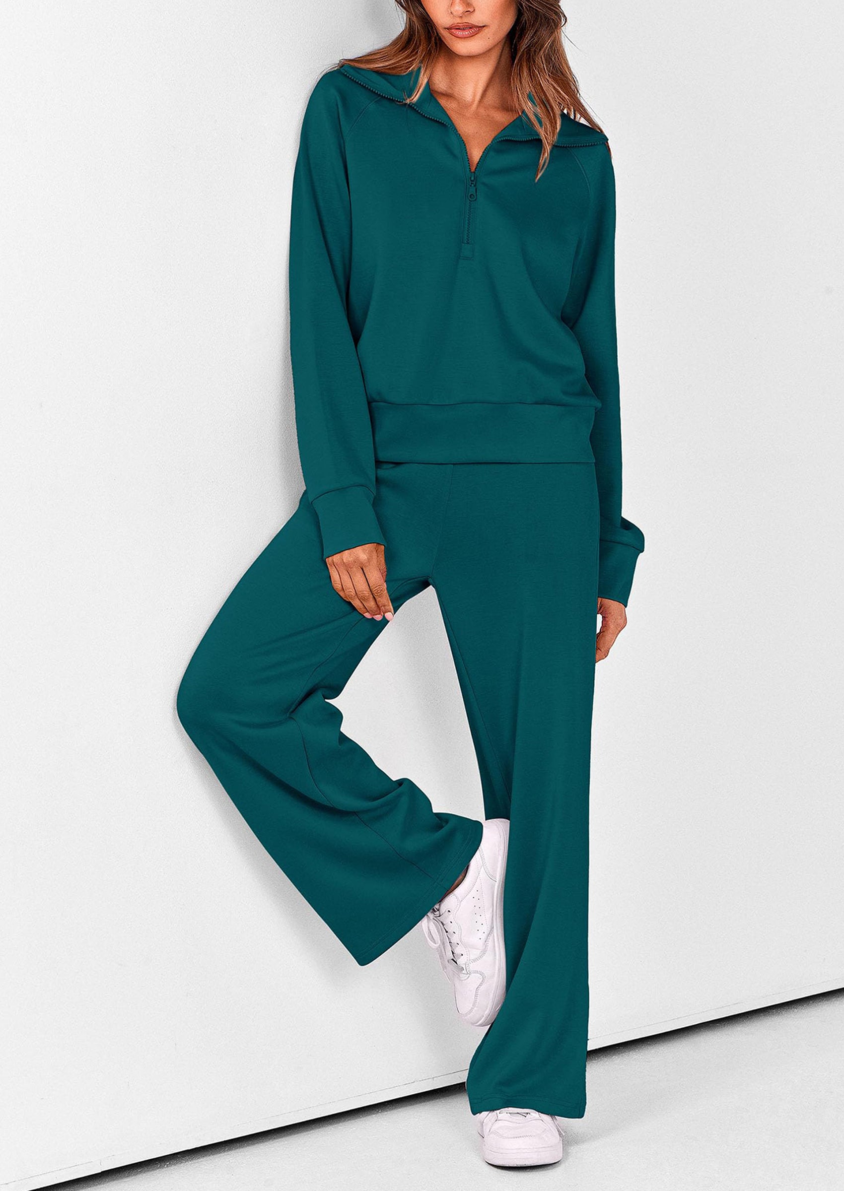 PRETTYGARDEN Women's 2 Piece Outfits Casual Lapel Half Zip Sweatshirts And Wide Leg Pants Tracksuit Sets