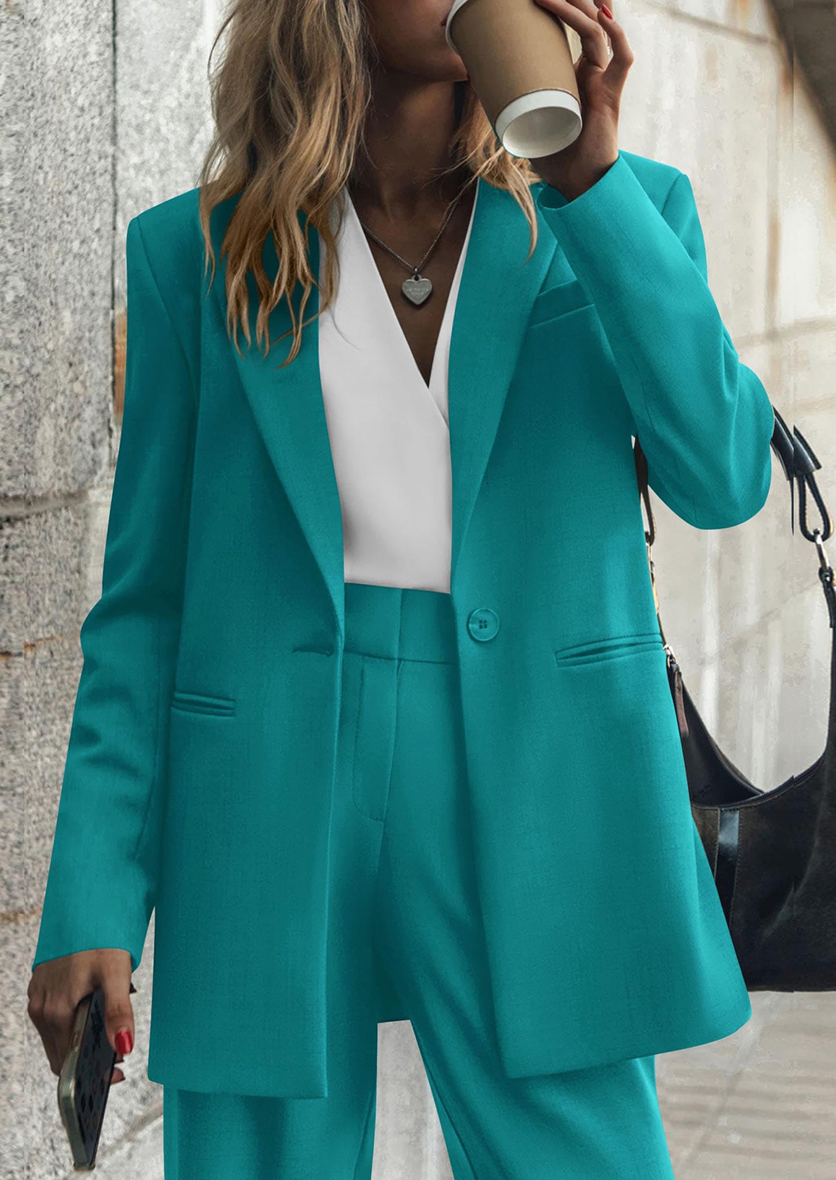 PRETTYGARDEN Women's Fall Two Piece Outfits Dressy Blazer Jacket and Wide Leg Pants Pockets Business Casual Office Suit Sets