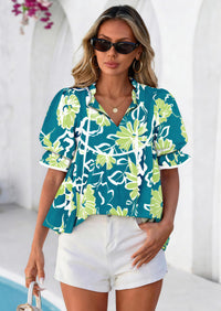 PRETTYGARDEN Womens Summer Tops Cute Puff Sleeve Ruffle V Neck Babydoll T-Shirts Boho Floral Spring Peplum Shirts