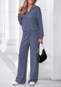 PRETTYGARDEN Womens Sweatsuits 2 Piece Outfits Matching Sets | Wide Leg Sweatpants & Polo V Neck Sweatshirt, Lounge Set, Comfy Airport Travel Outfits, Track suits, Fall Winter Clothes