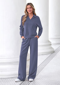 PRETTYGARDEN Womens Sweatsuits 2 Piece Outfits Matching Sets | Wide Leg Sweatpants & Polo V Neck Sweatshirt, Lounge Set, Comfy Airport Travel Outfits, Track suits, Fall Winter Clothes