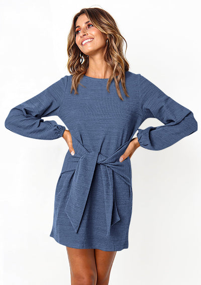 PRETTYGARDEN Womens Fall Elegant Long Lantern Sleeve Short Dress Wedding Guest Crewneck Tie Waist Knit Cocktail Dresses PRETTYGARDEN