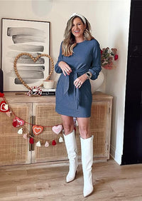 PRETTYGARDEN Womens Fall Elegant Long Lantern Sleeve Short Dress Wedding Guest Crewneck Tie Waist Knit Cocktail Dresses PRETTYGARDEN