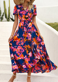 PRETTYGARDEN Women's Summer Maxi Dress Casual Wrap Floral Boho Short Sleeve V Neck Split Ruffle Beach Long Dresses