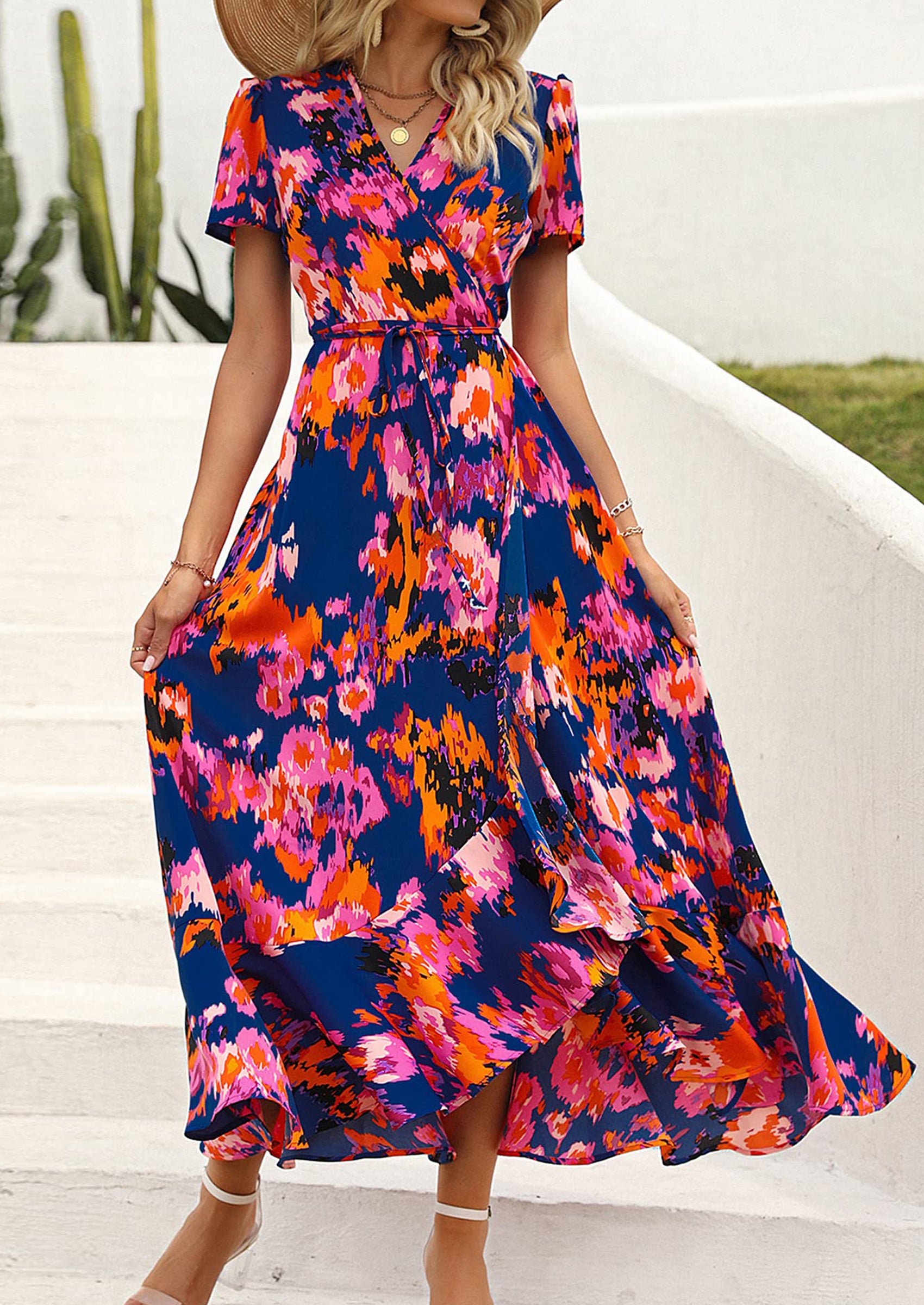 PRETTYGARDEN Women's Summer Maxi Dress Casual Wrap Floral Boho Short Sleeve V Neck Split Ruffle Beach Long Dresses