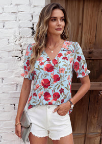 PRETTYGARDEN Womens Boho Tops Summer V Neck Puff Sleeve Casual Button Down Ruffle Floral Blouses Shirts Work Clothes PRETTYGARDEN