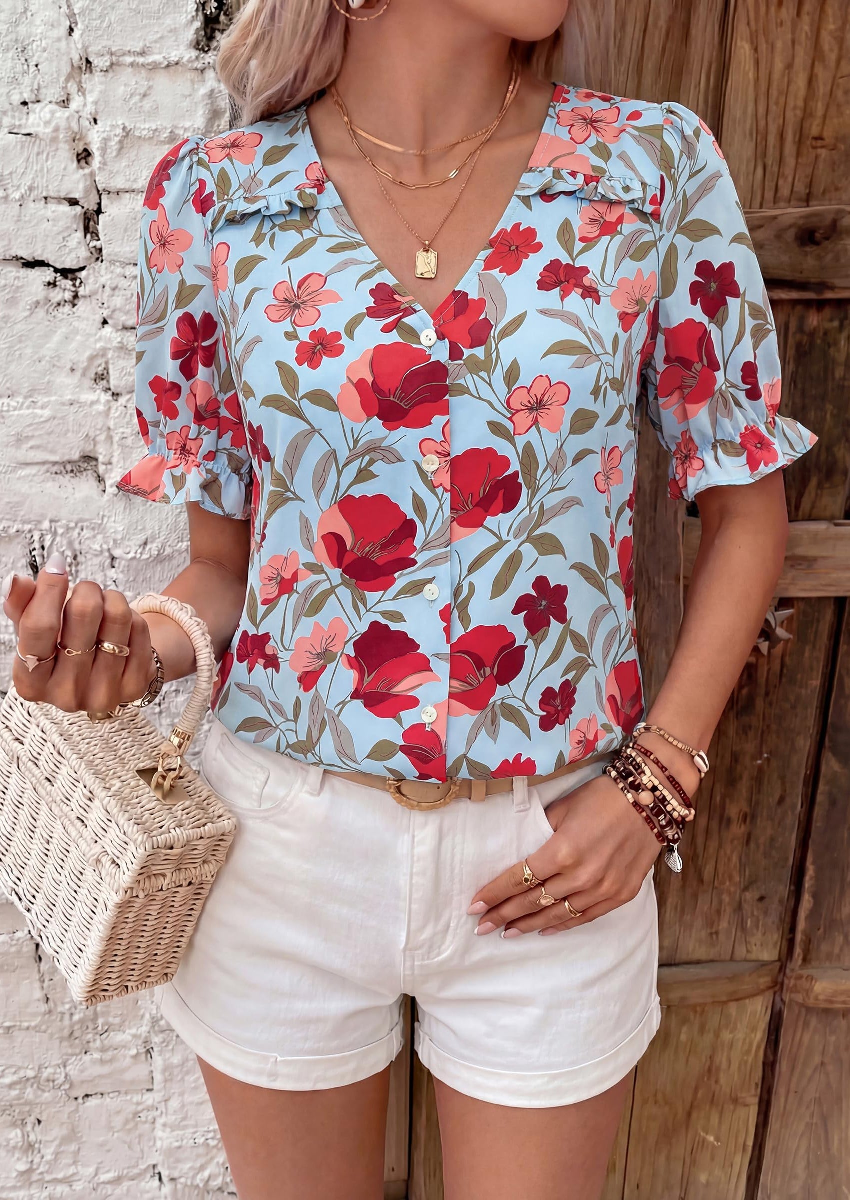 PRETTYGARDEN Womens Boho Tops Summer V Neck Puff Sleeve Casual Button Down Ruffle Floral Blouses Shirts Work Clothes PRETTYGARDEN