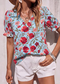 PRETTYGARDEN Womens Boho Tops Summer V Neck Puff Sleeve Casual Button Down Ruffle Floral Blouses Shirts Work Clothes PRETTYGARDEN