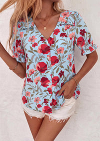 PRETTYGARDEN Womens Boho Tops Summer V Neck Puff Sleeve Casual Button Down Ruffle Floral Blouses Shirts Work Clothes PRETTYGARDEN