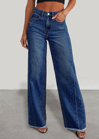 PRETTYGARDEN Wide Leg Jeans for Women Trendy High Waisted Stretchy Baggy Raw Hem Denim Palazzo Pants with Pockets