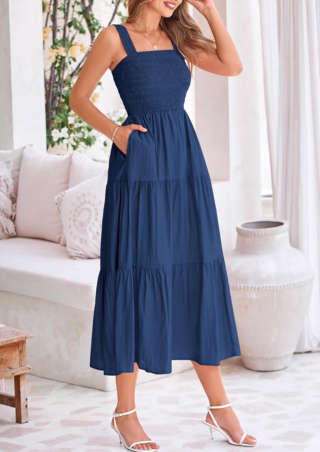 Womens Smocked Summer  Ruffle A Line Long Flowy Dresses Cute Sleeveless Beach Sundress Midi Dress