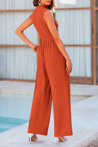 Summer One Piece Sleeveless Mock Neck Wide Leg Pants Rompers With Pockets