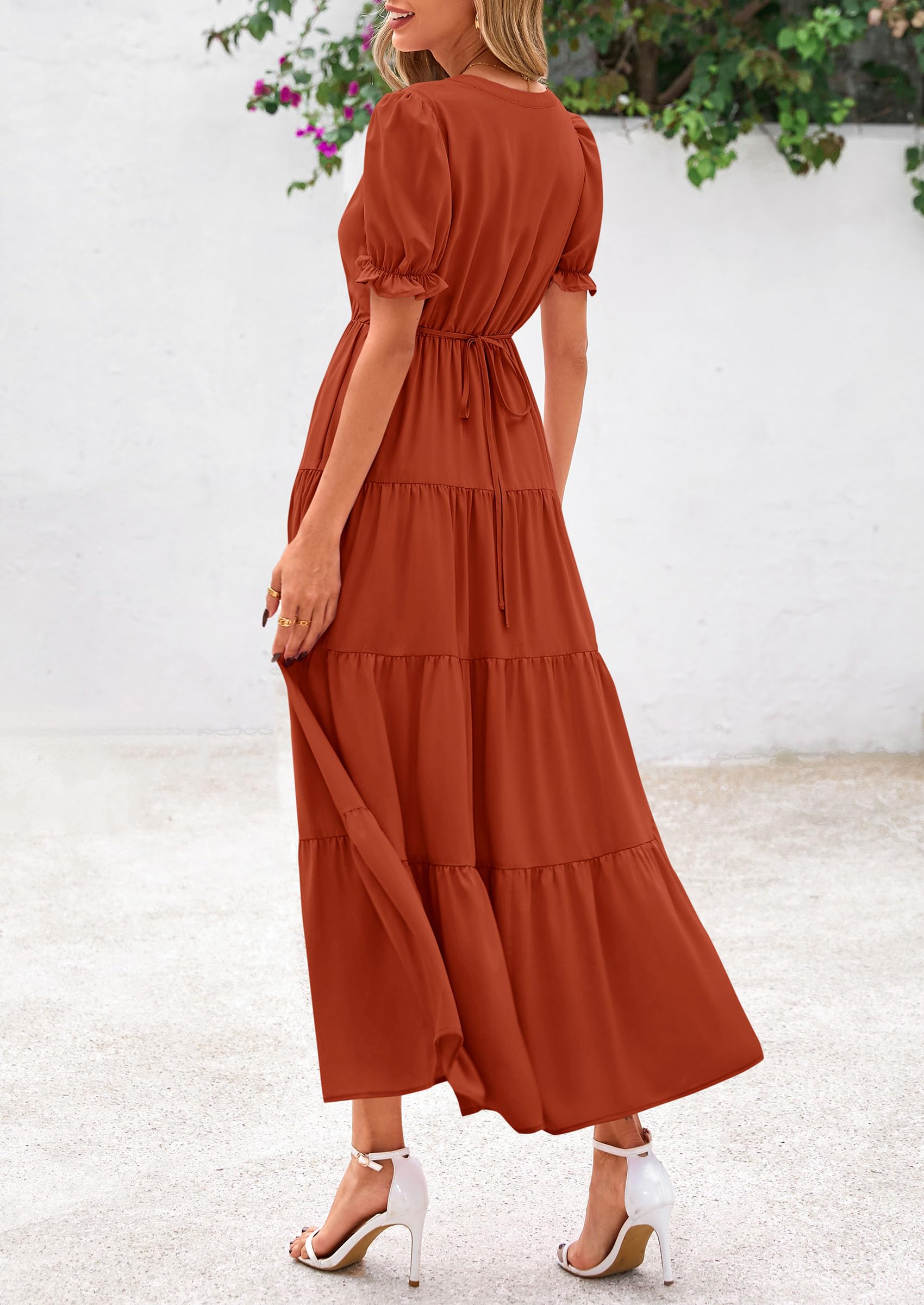 PRETTYGARDEN Women's Casual Short Sleeve V Neck Midi Dresses Spring A-line Tiered Wedding Guest Dress