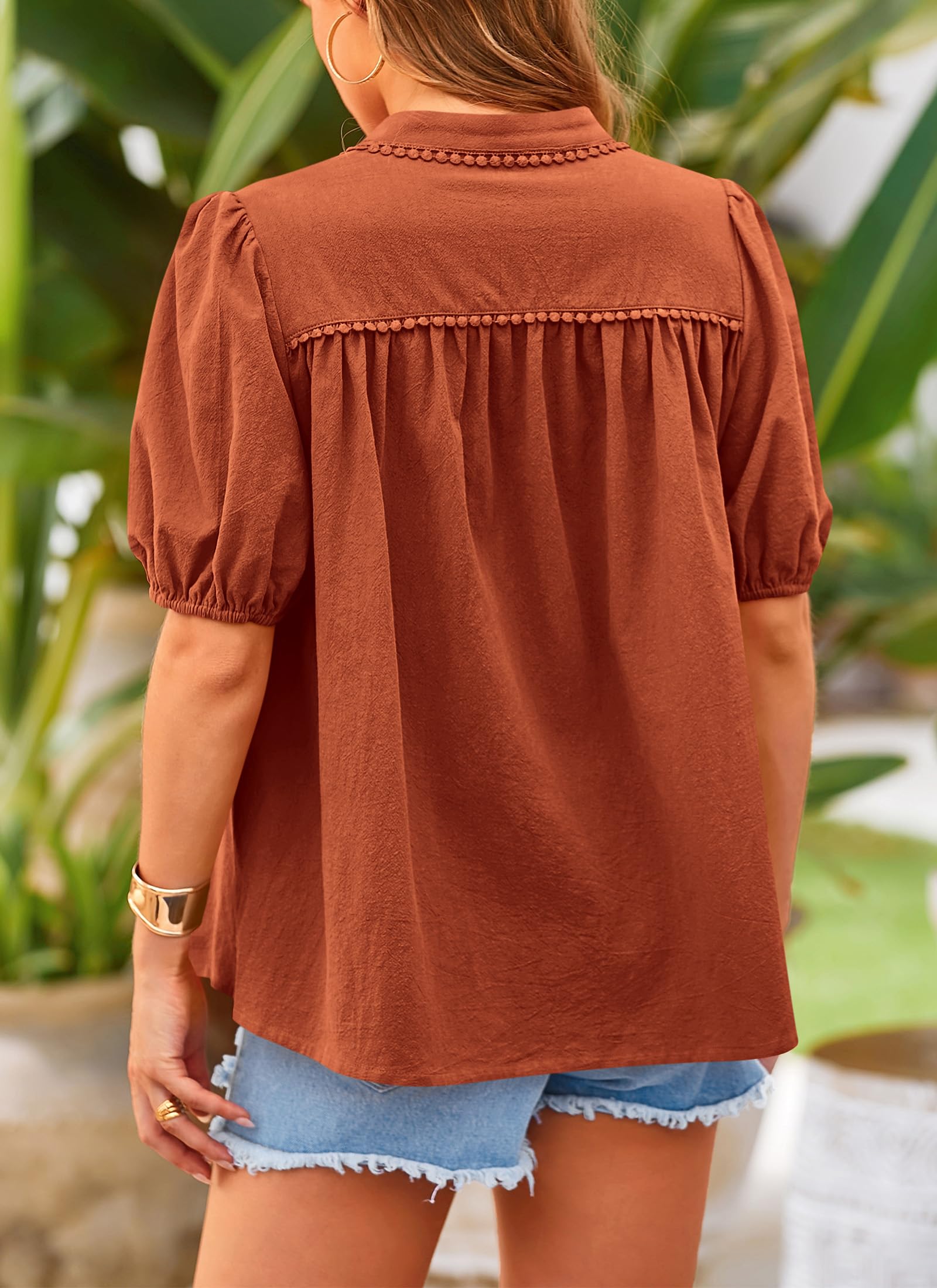 PRETTYGARDEN Women's Summer Tops Button Down Shirts Short Lantern Sleeve V Neck Cotton Cute Dressy Casual Blouses