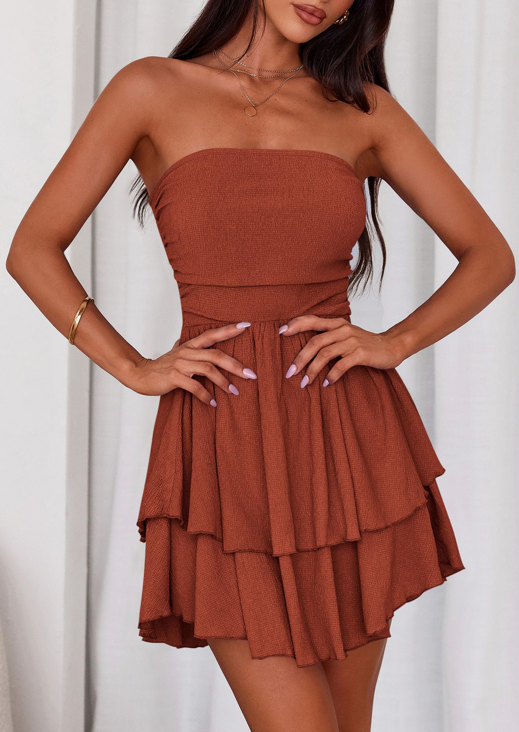 PRETTYGARDEN Women's Summer Strapless Tube Mini Dress Off Shoulder Smocked Ruffle A Line Flowy Short Party Club Dresses