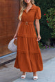 Summer Puff Short Sleeve Lapel V Neck Tiered A Line Flowy Party Dresses With Belt