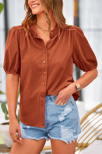 Summer Button Down Short Lantern Sleeve V Neck Cotton Blouses