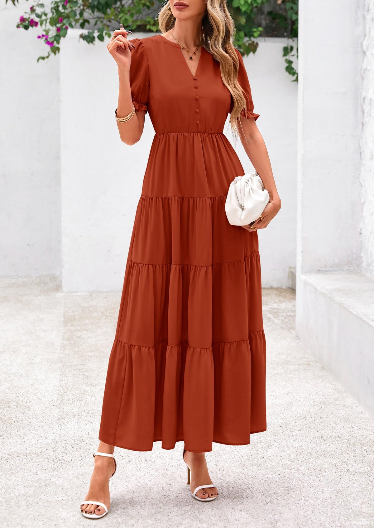 Women's Casual Summer Maxi Dress 2025 Spring Short Sleeve V Neck Tiered Flowy Beach Vacation Dress with Pockets