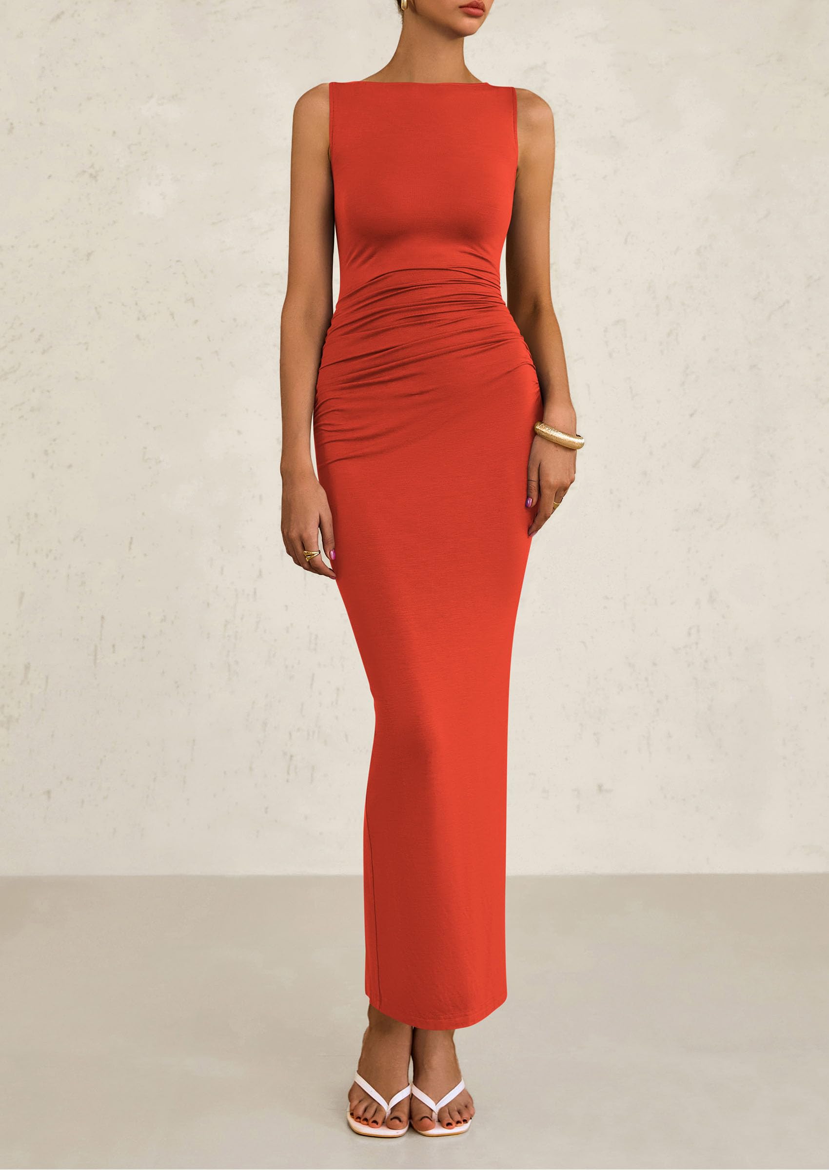 PRETTYGARDEN Women's Semi Formal Midi Dresses Sleeveless Ruched Bodycon Long Elegant Cocktail Wedding Guest Dress