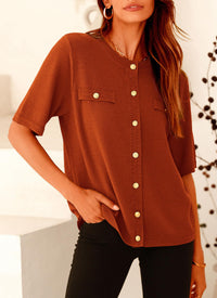 Button Down Casual Short Sleeve Crew Neck Ribbed Knit Shirts