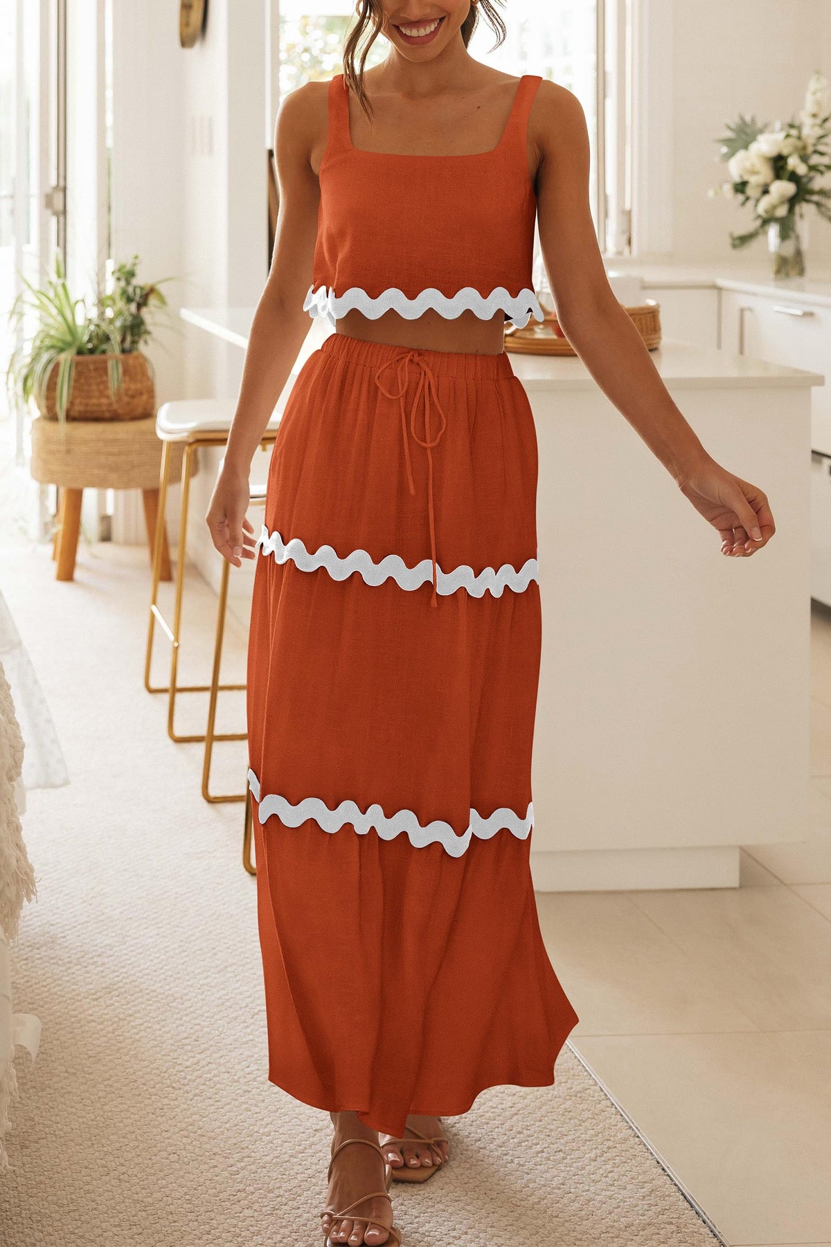 2 Piece Summer Casual Sleeveless Cropped Tank Top High Waisted Maxi Skirt Set