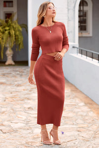 PRETTYGARDEN Women's Spring Fall 2 Piece Sweater Set Rib Knit Long Sleeve Crop Top Maxi Bodycon Skirt Casual Winter Outfits PRETTYGARDEN