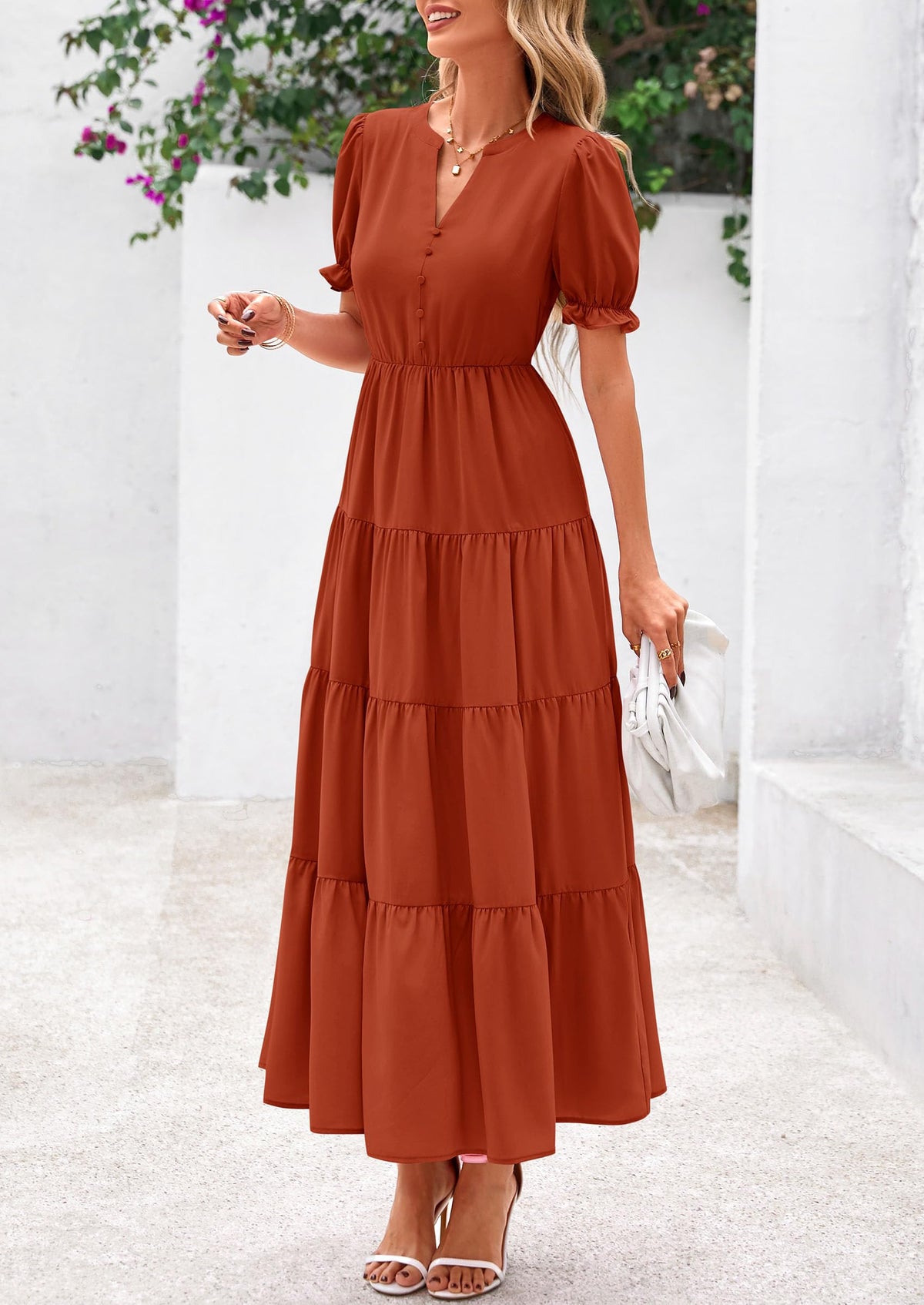 Women's Casual Summer Maxi Dress 2025 Spring Short Sleeve V Neck Tiered Flowy Beach Vacation Dress with Pockets