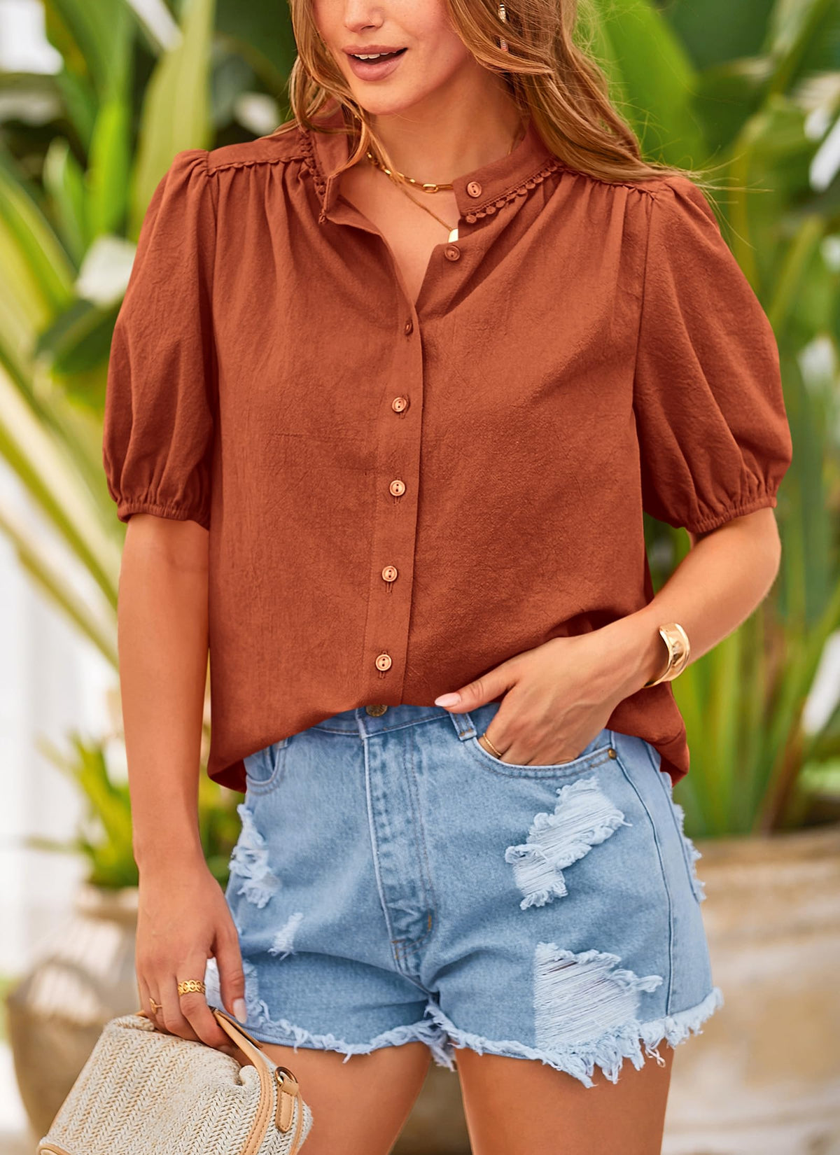 Summer Button Down Short Lantern Sleeve V Neck Cotton Tops