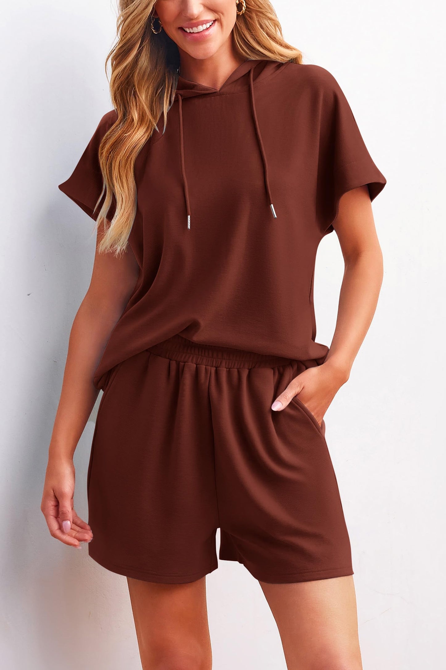 Cap Sleeve Hoodie Tops And Lounge Shorts Sweatsuit Set