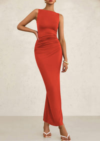 Women's 2025 Summer Semi Formal Maxi Dresses Sleeveless Ruched Bodycon Slit Long Elegant Cocktail Party Dress