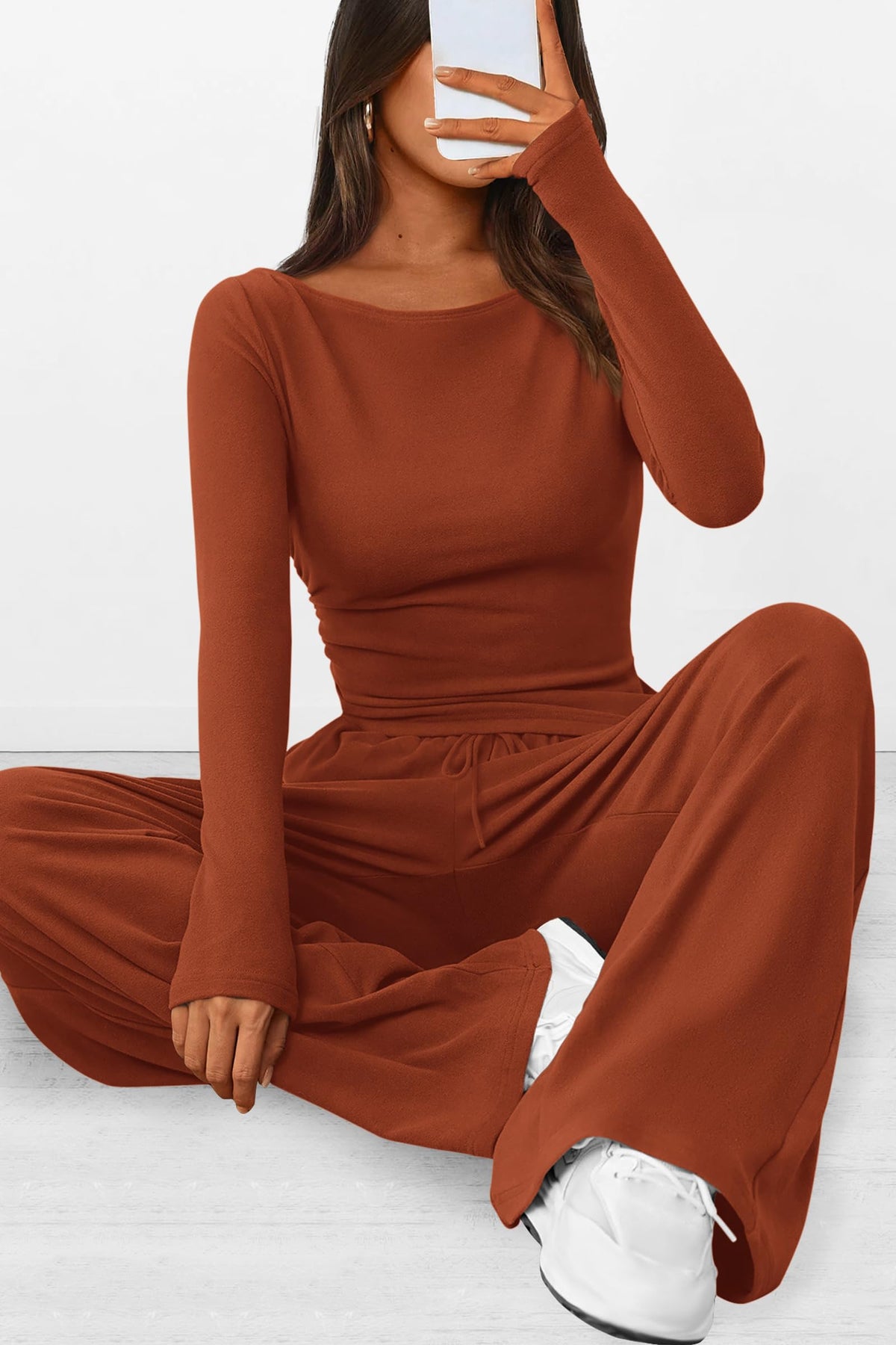 2 Piece Lounge Sets Asymmetrical Long Sleeve T Shirt Wide Leg Pants Casual Outfits Tracksuit