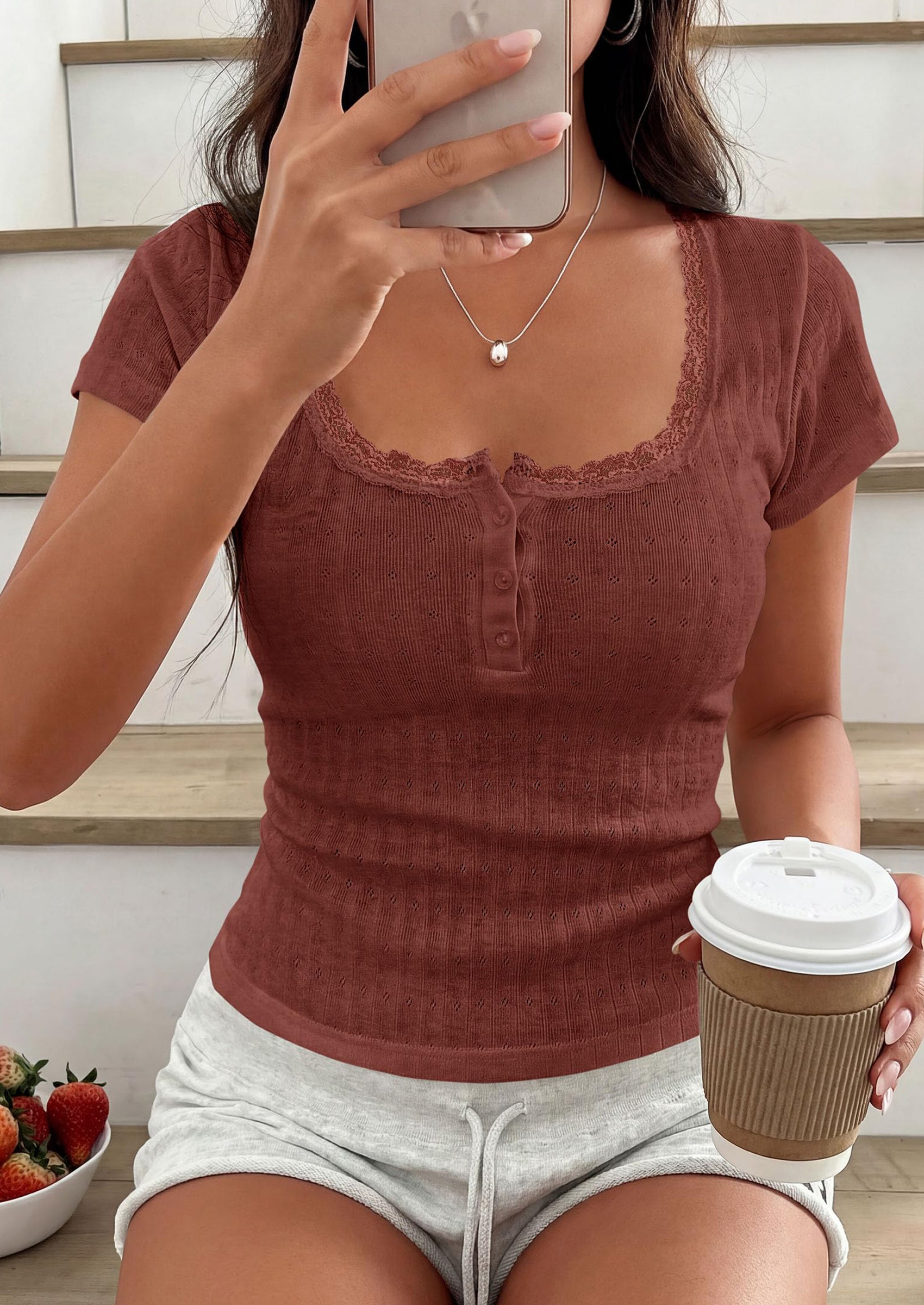 PRETTYGARDEN Summer Tops for Women Short Sleeve Lace Trim Slim Fitted Henley Tee Shirts Y2K Fashion Clothing PRETTYGARDEN