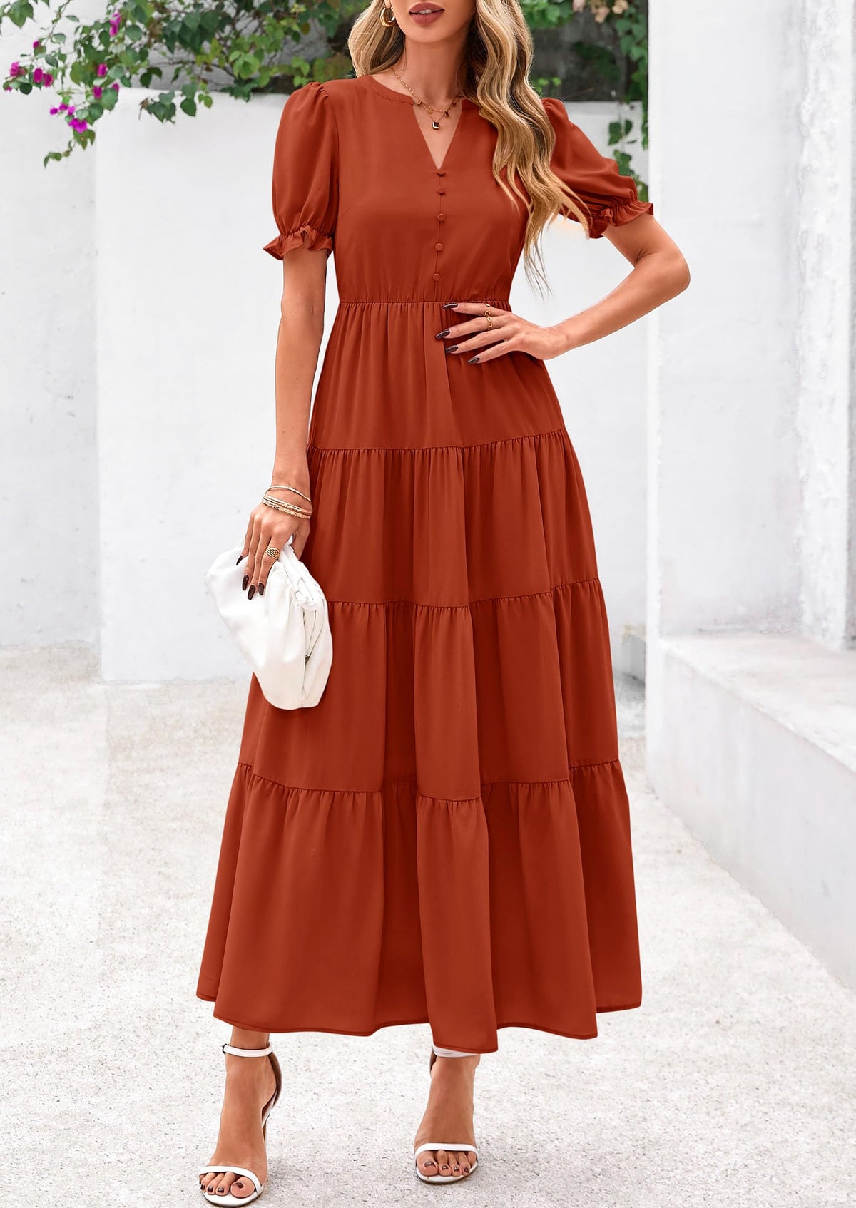 Women's Casual Summer Maxi Dress 2025 Spring Short Sleeve V Neck Tiered Flowy Beach Vacation Dress with Pockets