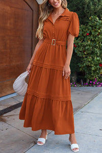 Summer Puff Short Sleeve Lapel V Neck Tiered A Line Flowy Party Dresses With Belt