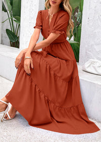 Women's Casual Summer Maxi Dress 2025 Spring Short Sleeve V Neck Tiered Flowy Beach Vacation Dress with Pockets