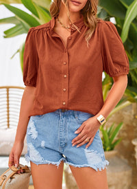 Summer Button Down Short Lantern Sleeve V Neck Cotton Blouses