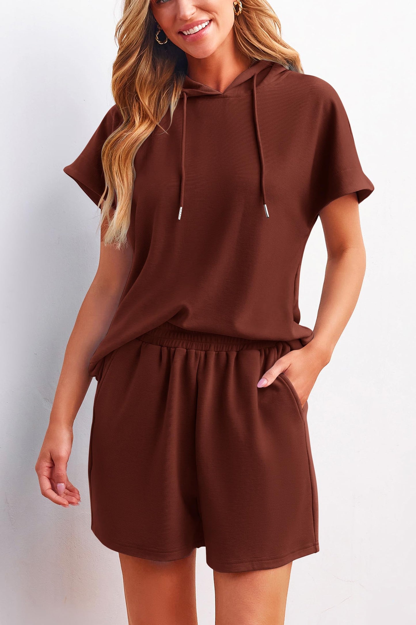 Cap Sleeve Hoodie Tops And Lounge Shorts Sweatsuit Set