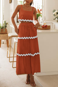 2 Piece Summer Casual Sleeveless Cropped Tank Top High Waisted Maxi Skirt Set