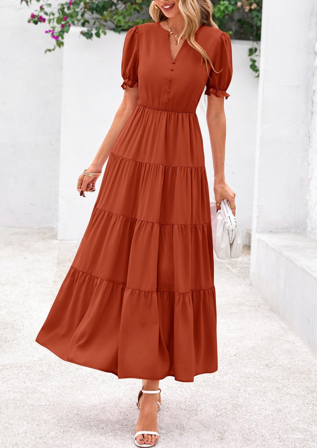 Women's Casual Summer Maxi Dress 2025 Spring Short Sleeve V Neck Tiered Flowy Beach Vacation Dress with Pockets