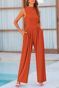 Womens Summer Jumpsuits Dressy Casual One Piece Outfits Sleeveless Mock Neck Wide Leg Pants Rompers with Pockets