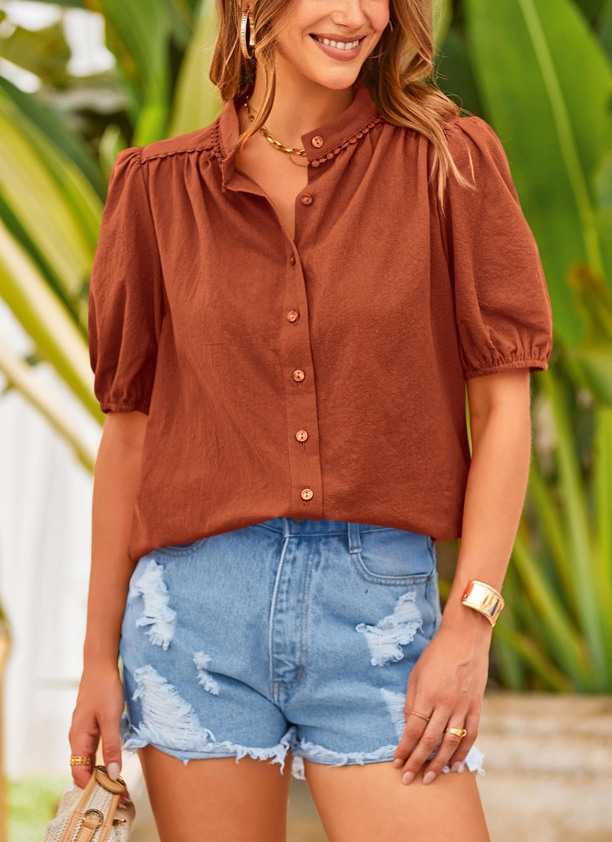 Summer Button Down Short Lantern Sleeve V Neck Cotton Tops