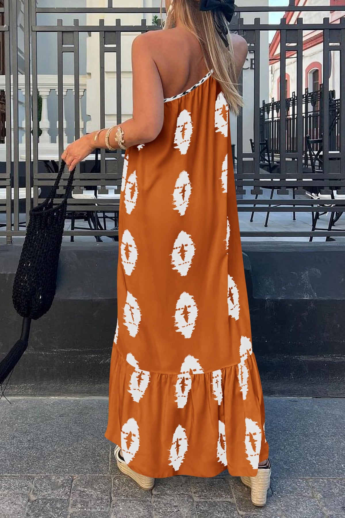 One Shoulder Spaghetti Strap Printed A Line Flowy Boho Maxi Long Sundress