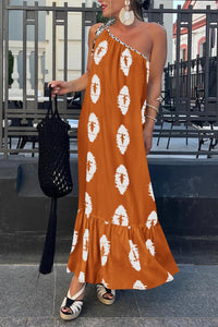 One Shoulder Spaghetti Strap Printed A Line Flowy Boho Maxi Long Sundress