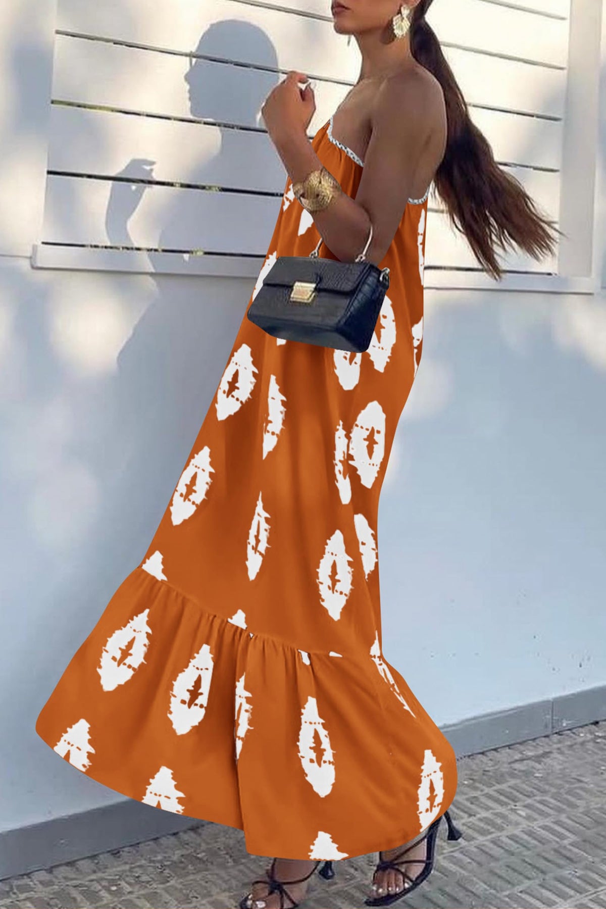 One Shoulder Spaghetti Strap Printed A Line Flowy Boho Maxi Long Sundress