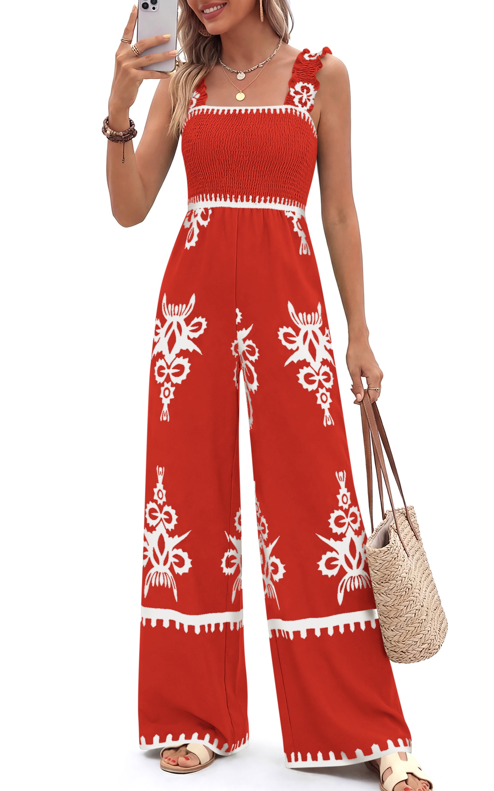 PRETTYGARDEN Womens Jumpsuit Casual One Piece Boho Summer Outfits Shirred Strap Wide Leg Long Pants Rompers With Pockets