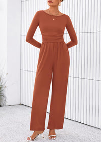 PRETTYGARDEN One Piece Jumpsuits for Women Dressy Casual Long Sleeve Crewneck Wide Leg Romper Overalls Spring Outfits
