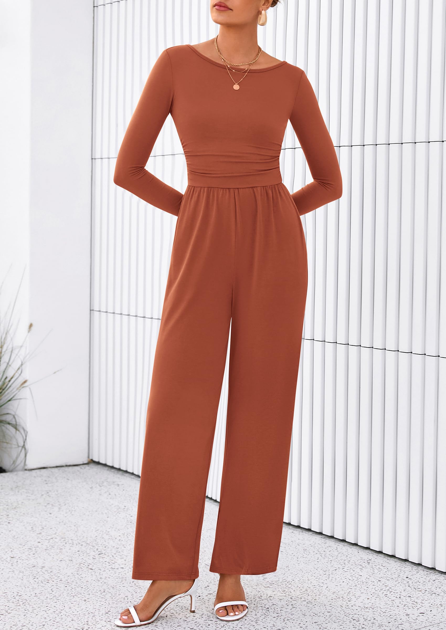PRETTYGARDEN One Piece Jumpsuits for Women Dressy Casual Long Sleeve Crewneck Wide Leg Romper Overalls Spring Outfits