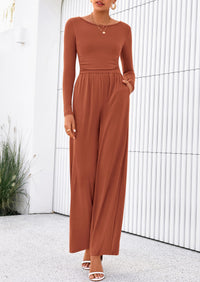 PRETTYGARDEN One Piece Jumpsuits for Women Dressy Casual Long Sleeve Crewneck Wide Leg Romper Overalls Spring Outfits