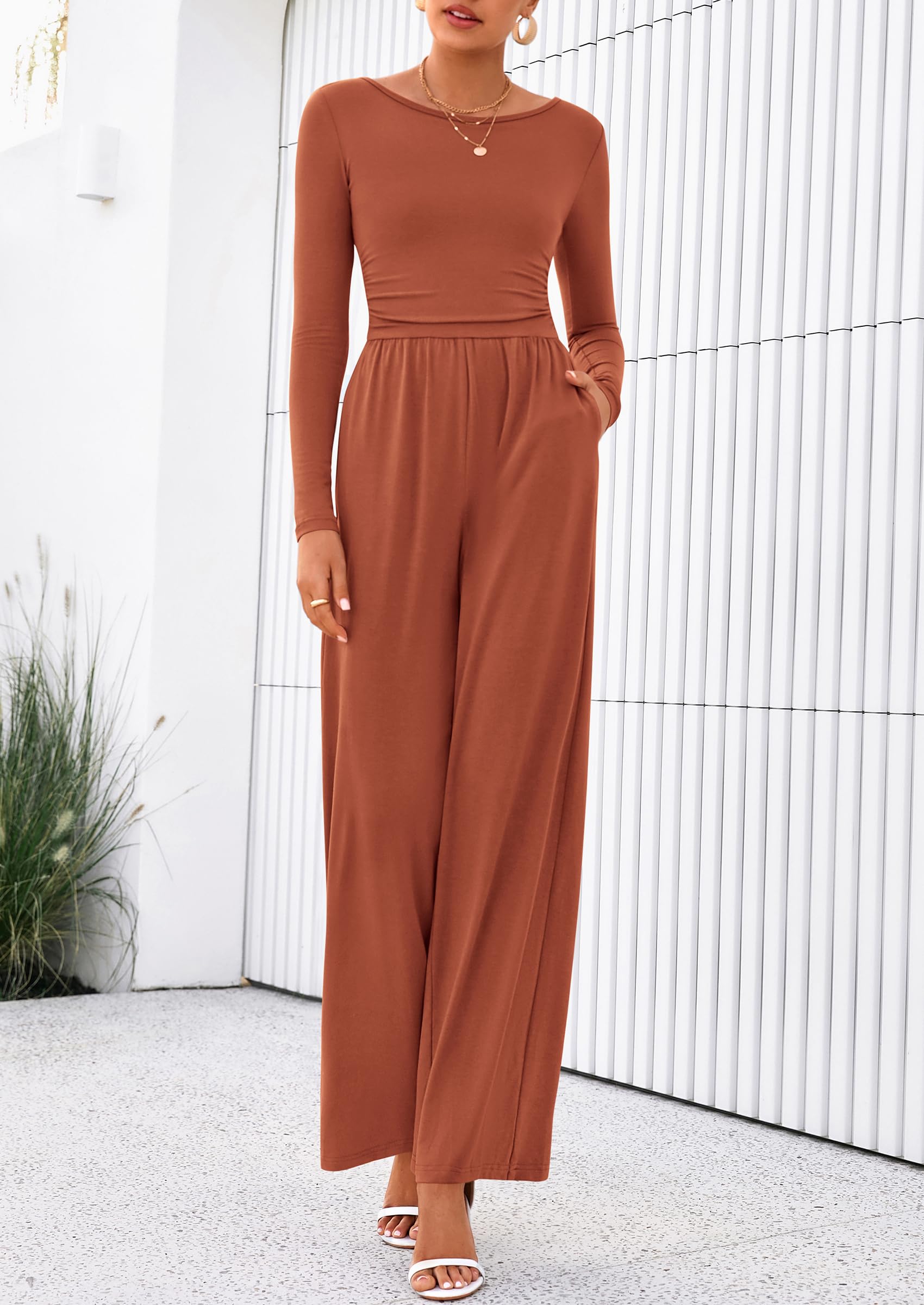 PRETTYGARDEN One Piece Jumpsuits for Women Dressy Casual Long Sleeve Crewneck Wide Leg Romper Overalls Spring Outfits